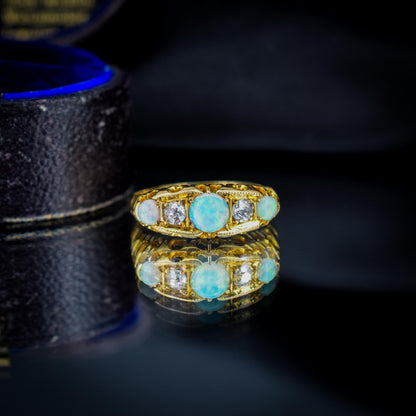 Antique Natural Opal and Diamond 18ct Gold Boat Ring | Birmingham 1906