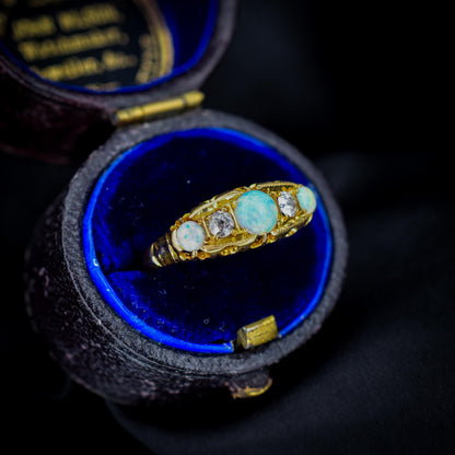Antique Natural Opal and Diamond 18ct Gold Boat Ring | Birmingham 1906