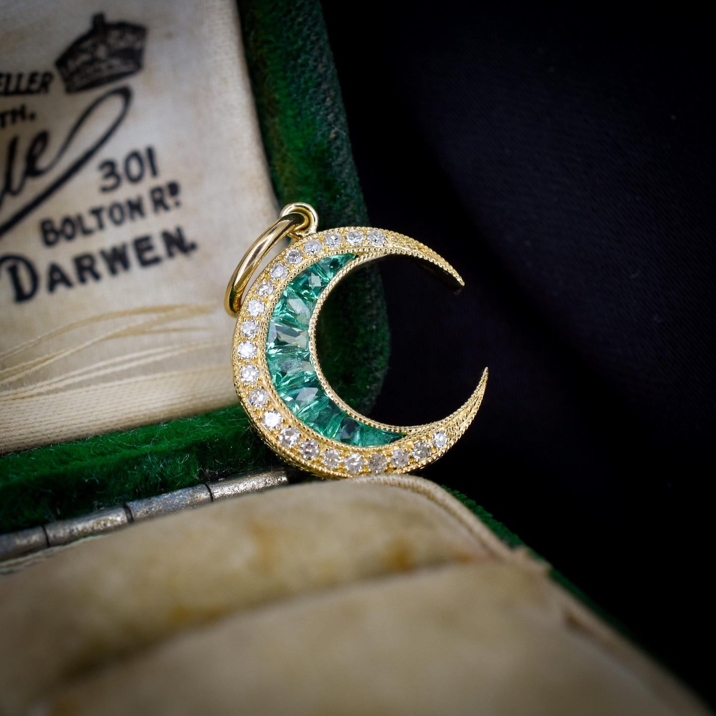 Antique Style Diamond and Emerald Crescent Moon 18ct Yellow Gold Pendant
