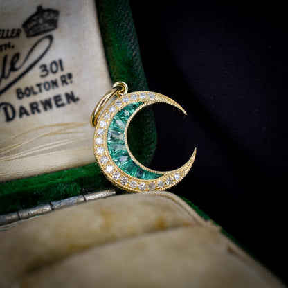 Antique Style Diamond and Emerald Crescent Moon 18ct Yellow Gold Pendant
