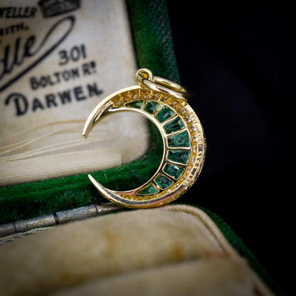 Antique Style Diamond and Emerald Crescent Moon 18ct Yellow Gold Pendant