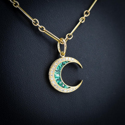 Antique Style Diamond and Emerald Crescent Moon 18ct Yellow Gold Pendant