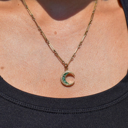 Antique Style Diamond and Emerald Crescent Moon 18ct Yellow Gold Pendant