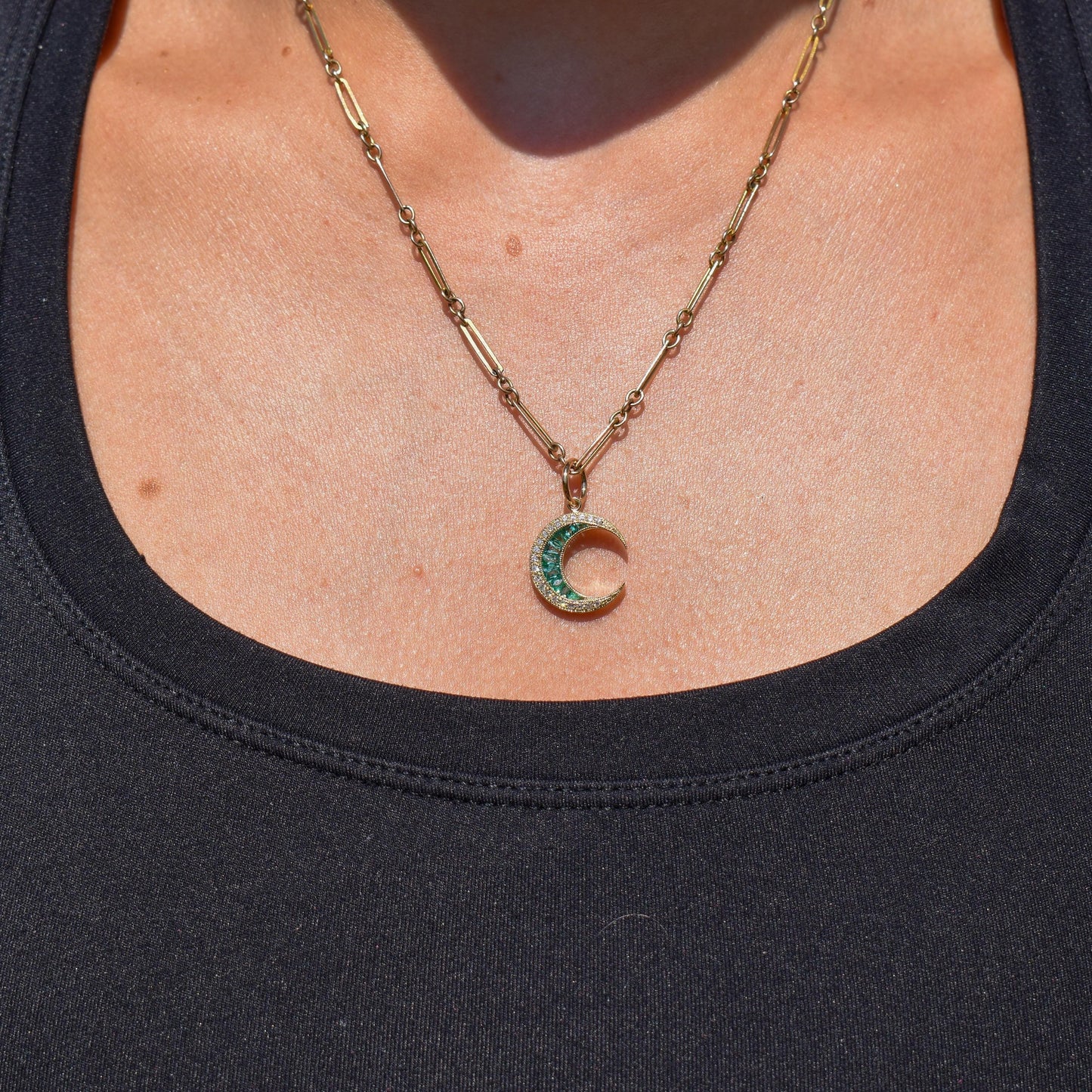 Antique Style Diamond and Emerald Crescent Moon 18ct Yellow Gold Pendant