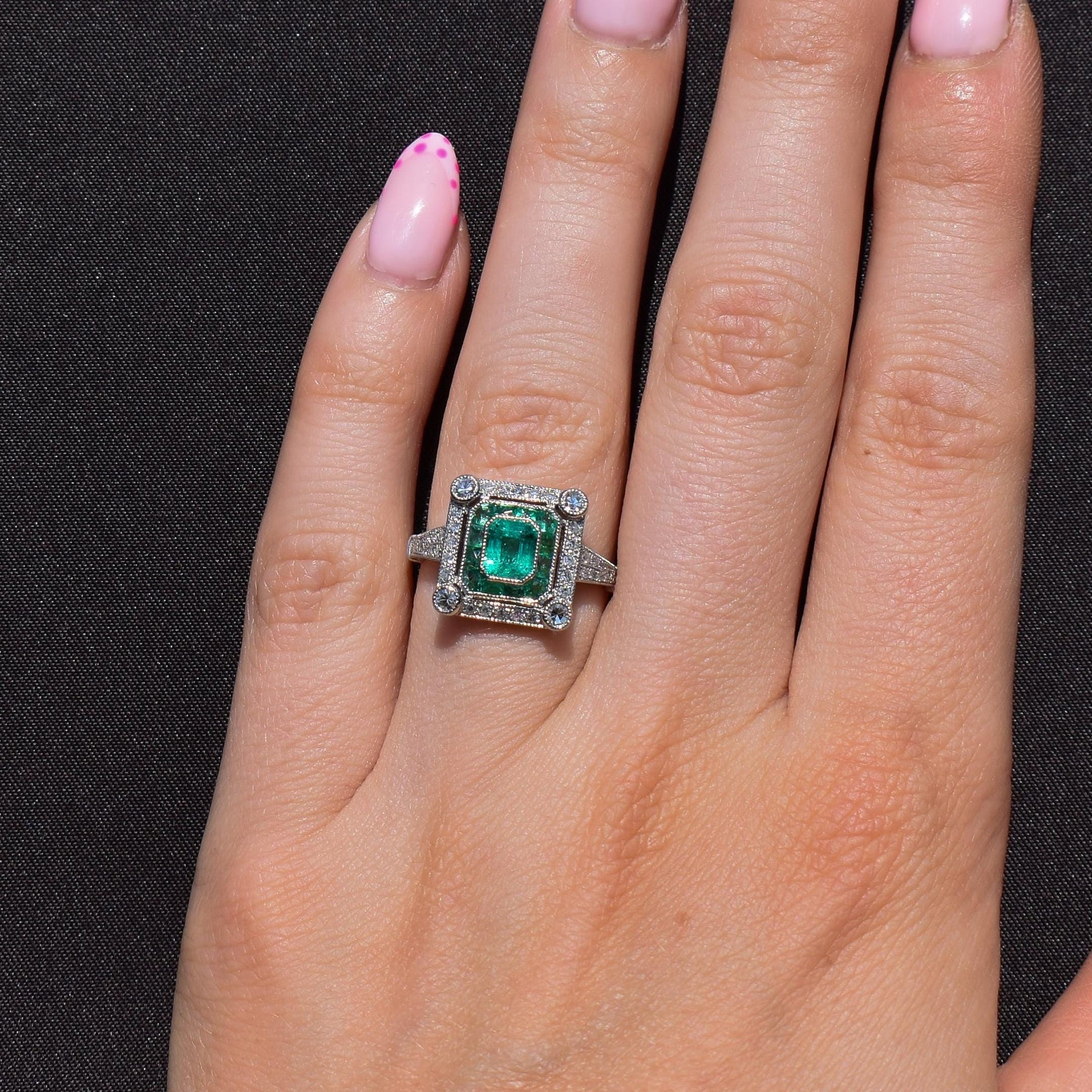 Art Deco Style Natural Emerald and Diamond Platinum Cocktail Ring