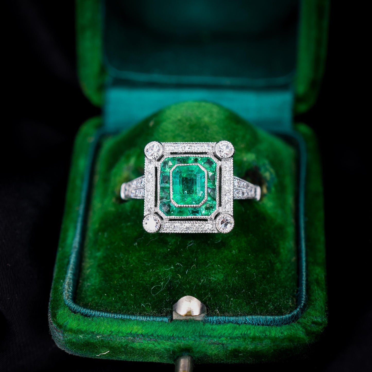 Art Deco Style Natural Emerald and Diamond Platinum Cocktail Ring