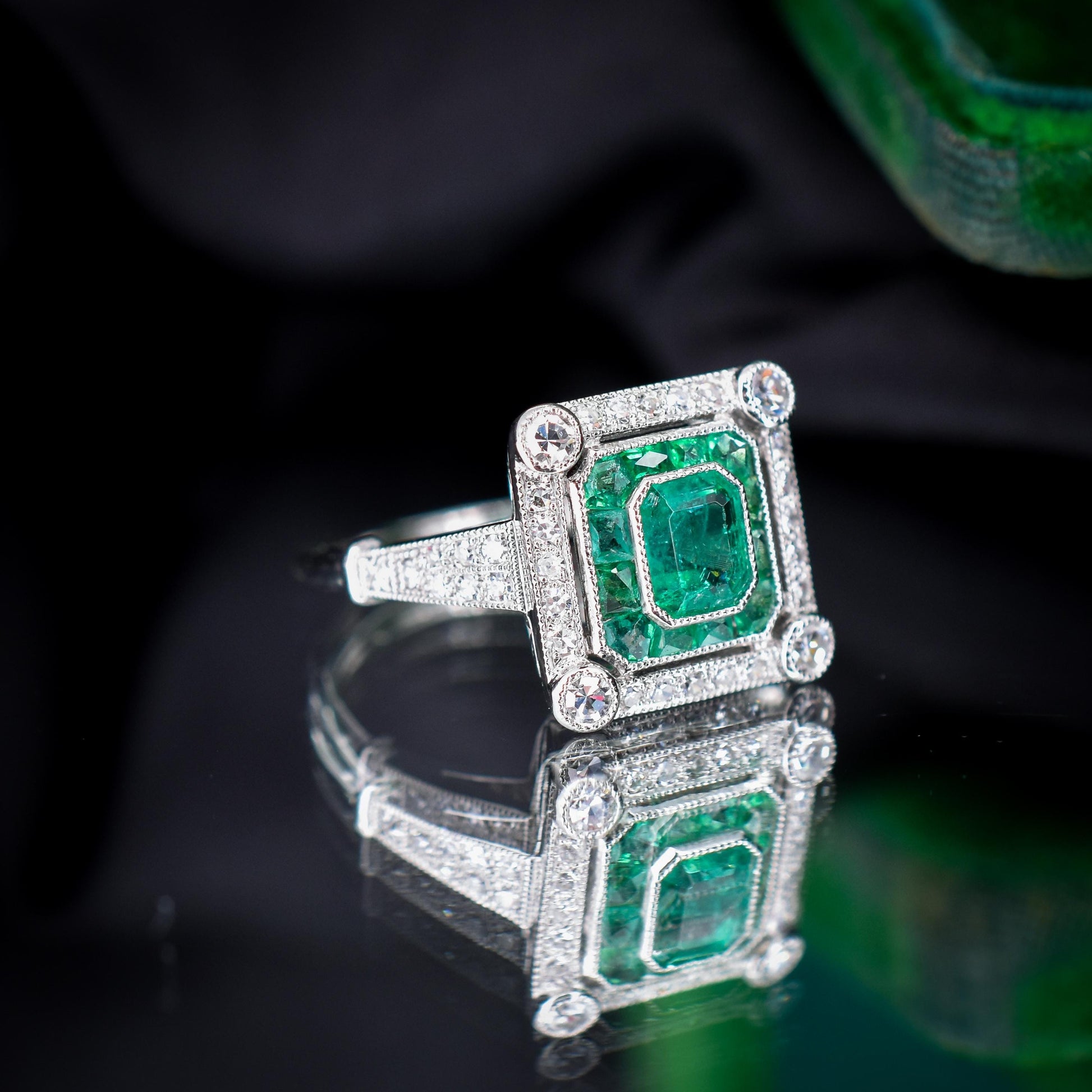 Art Deco Style Natural Emerald and Diamond Platinum Cocktail Ring