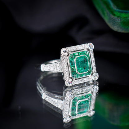 Art Deco Style Natural Emerald and Diamond Platinum Cocktail Ring