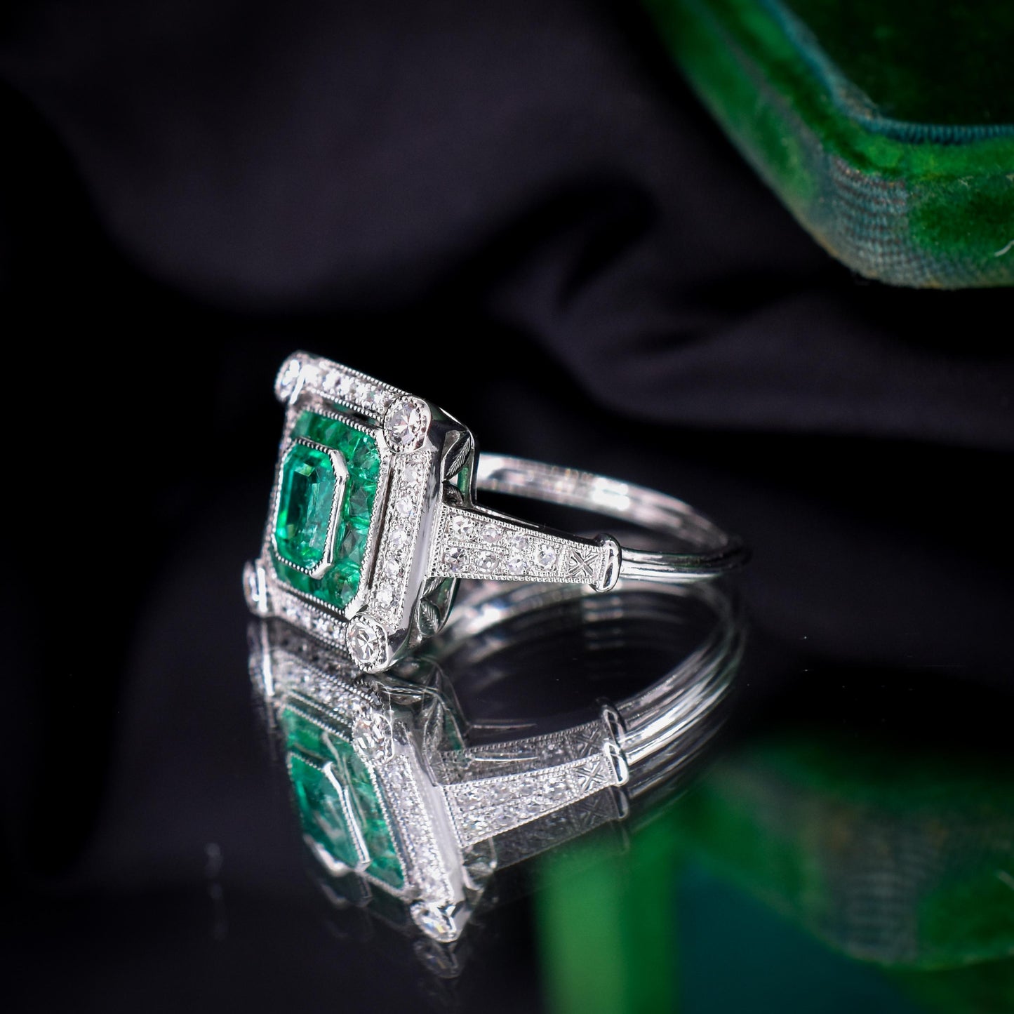 Art Deco Style Natural Emerald and Diamond Platinum Cocktail Ring