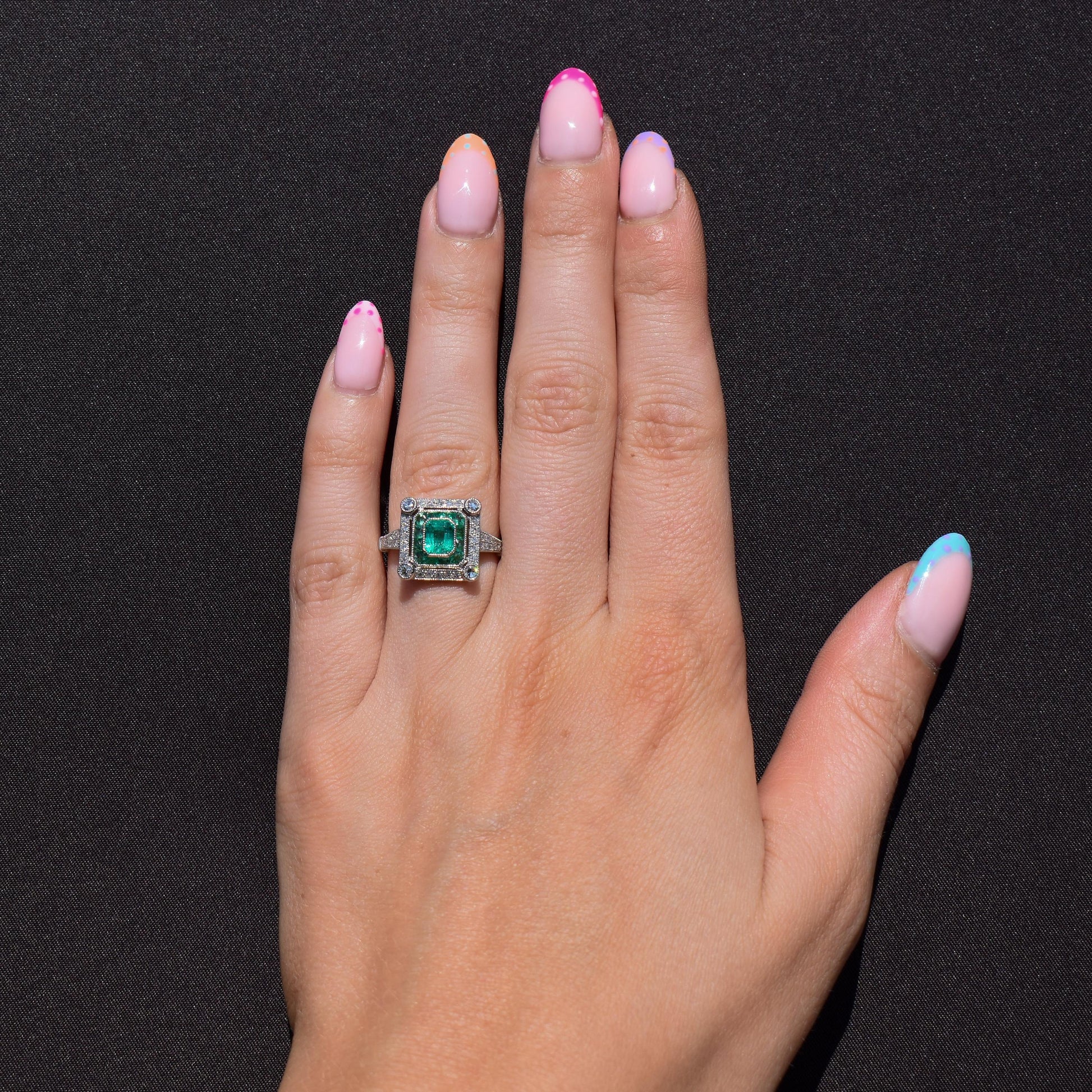 Art Deco Style Natural Emerald and Diamond Platinum Cocktail Ring