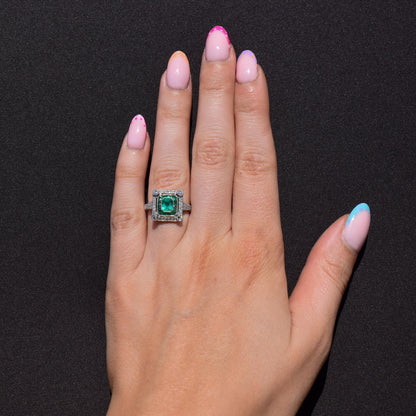 Art Deco Style Natural Emerald and Diamond Platinum Cocktail Ring