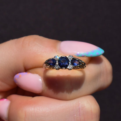 Blue Iolite and Diamond Three Stone 9ct Yellow Gold Scroll Ring Band | Antique Style