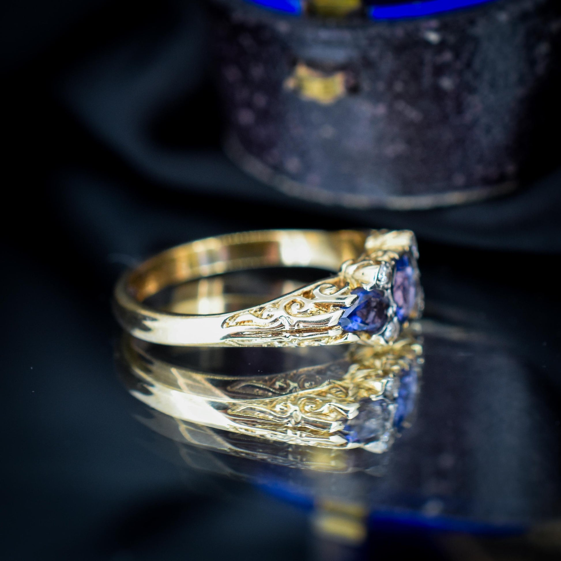 Blue Iolite and Diamond Three Stone 9ct Yellow Gold Scroll Ring Band | Antique Style
