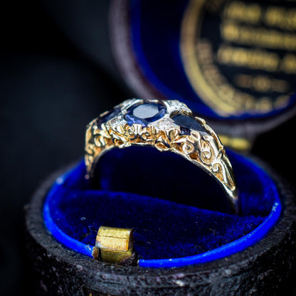Blue Iolite and Diamond Three Stone 9ct Yellow Gold Scroll Ring Band | Antique Style