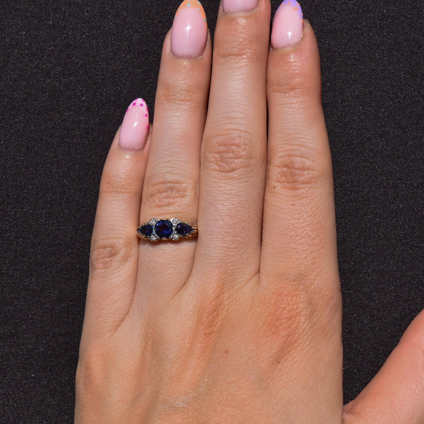 Blue Iolite and Diamond Three Stone 9ct Yellow Gold Scroll Ring Band | Antique Style