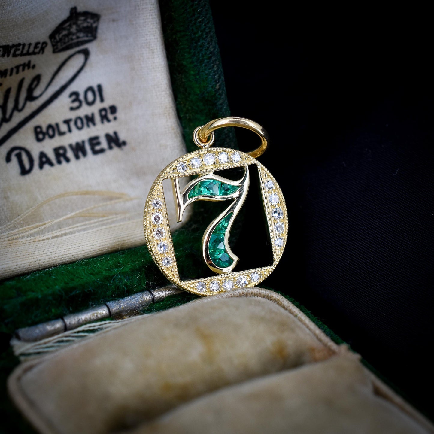 Diamond and Emerald Number Seven 'Lucky 7' 18ct Gold Charm Pendant