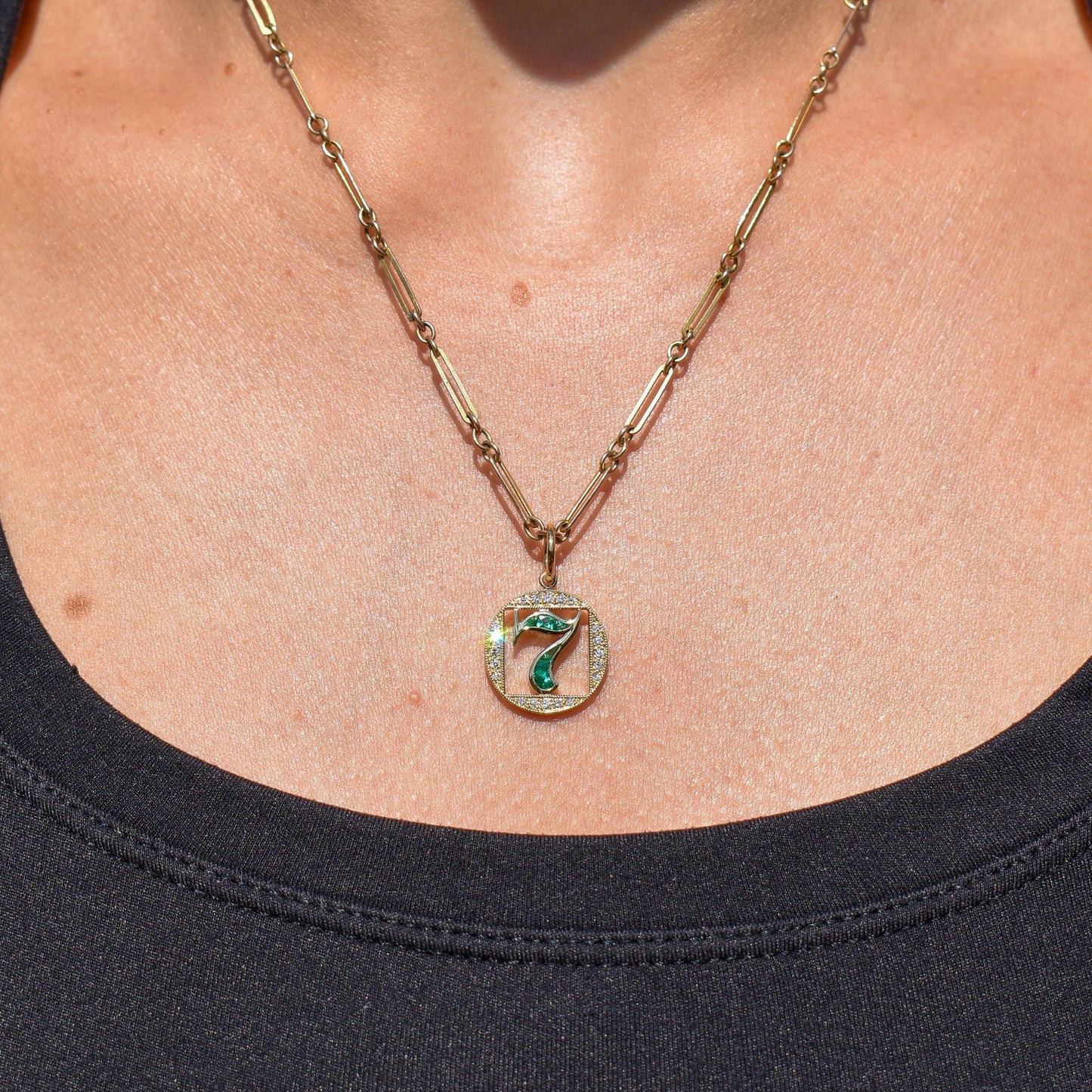 Diamond and Emerald Number Seven 'Lucky 7' 18ct Gold Charm Pendant