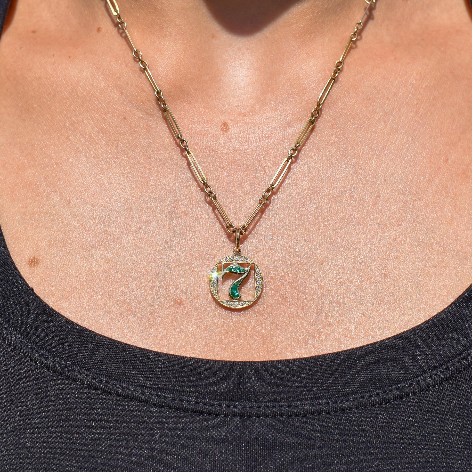 Diamond and Emerald Number Seven 'Lucky 7' 18ct Gold Charm Pendant