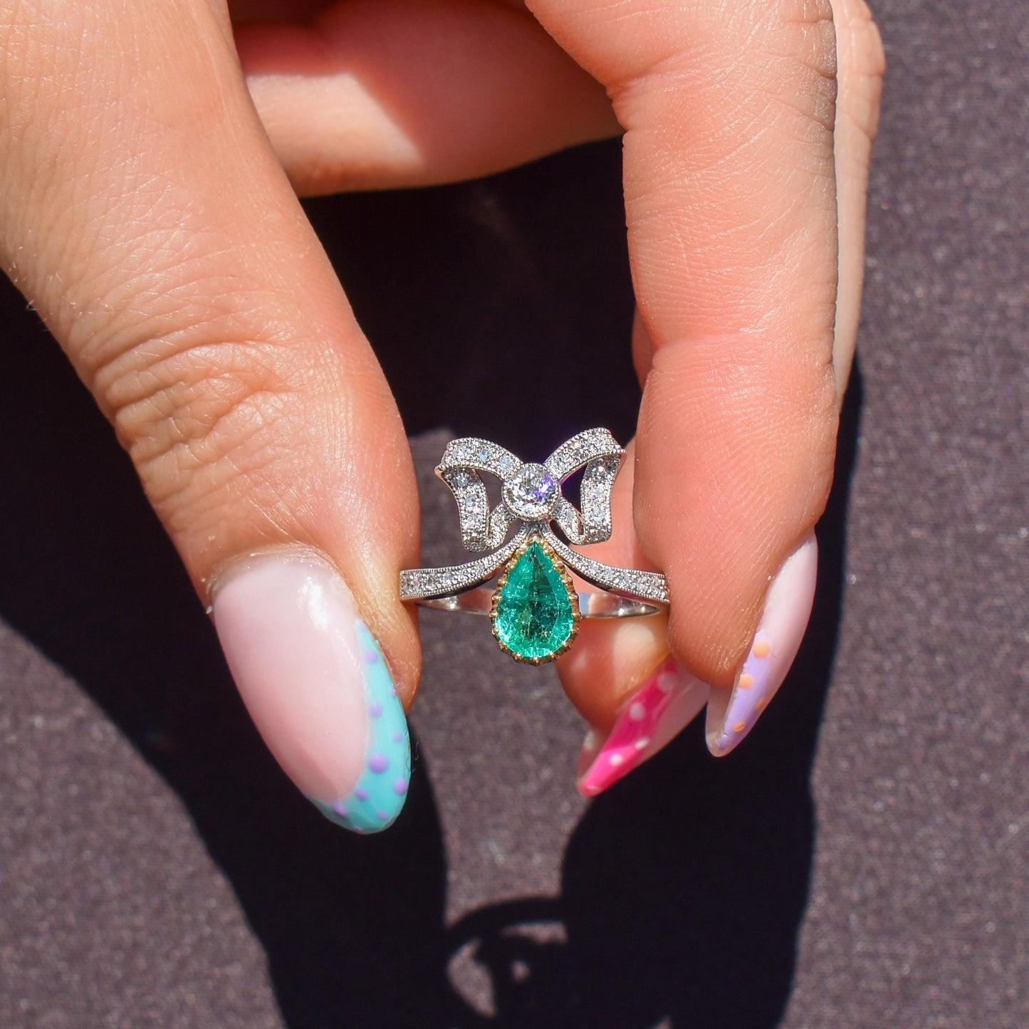 Pear Cut Emerald and Diamond Bow Platinum Tiara Ring | Engagement | Belle Epoque Style