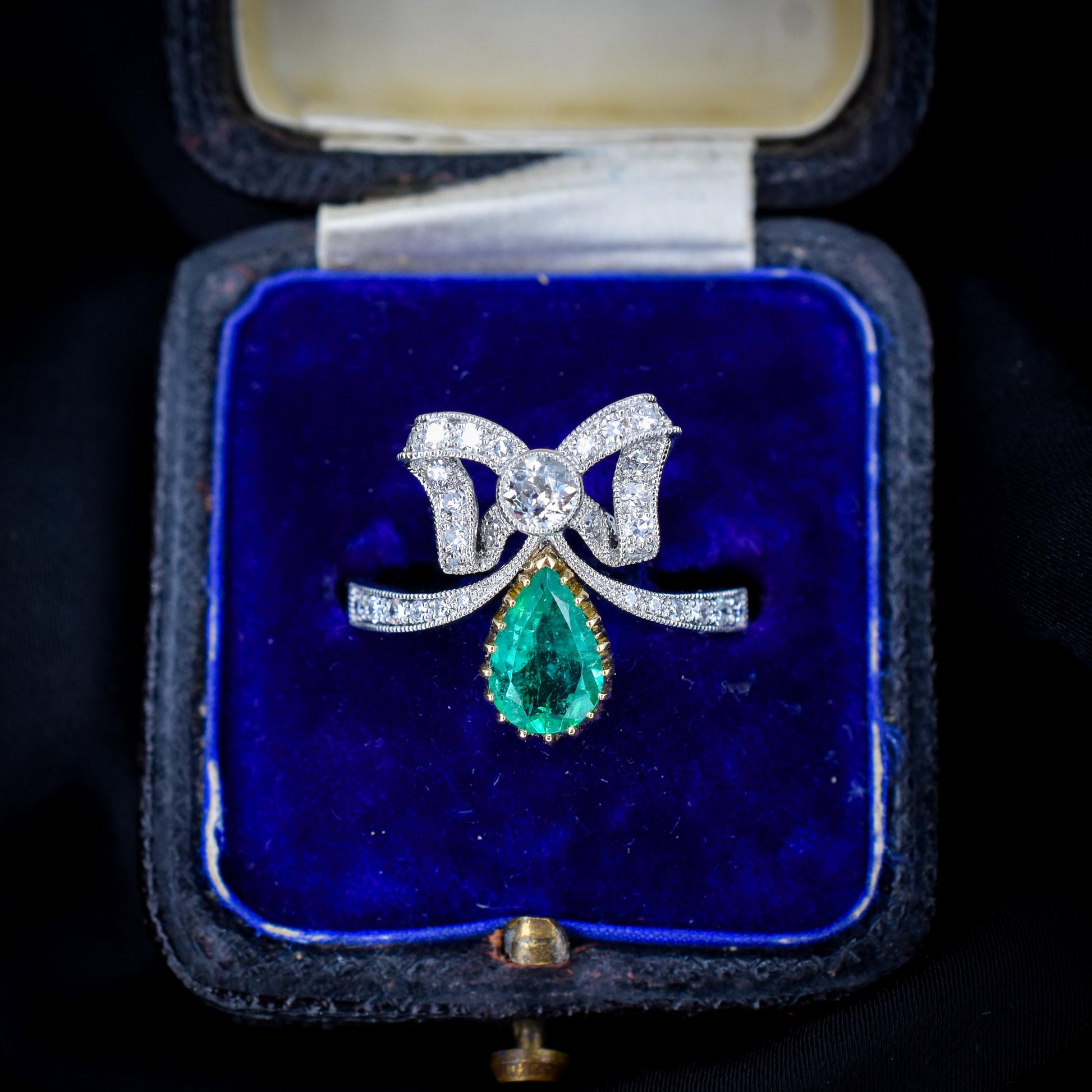 Pear Cut Emerald and Diamond Bow Platinum Tiara Ring | Engagement | Belle Epoque Style