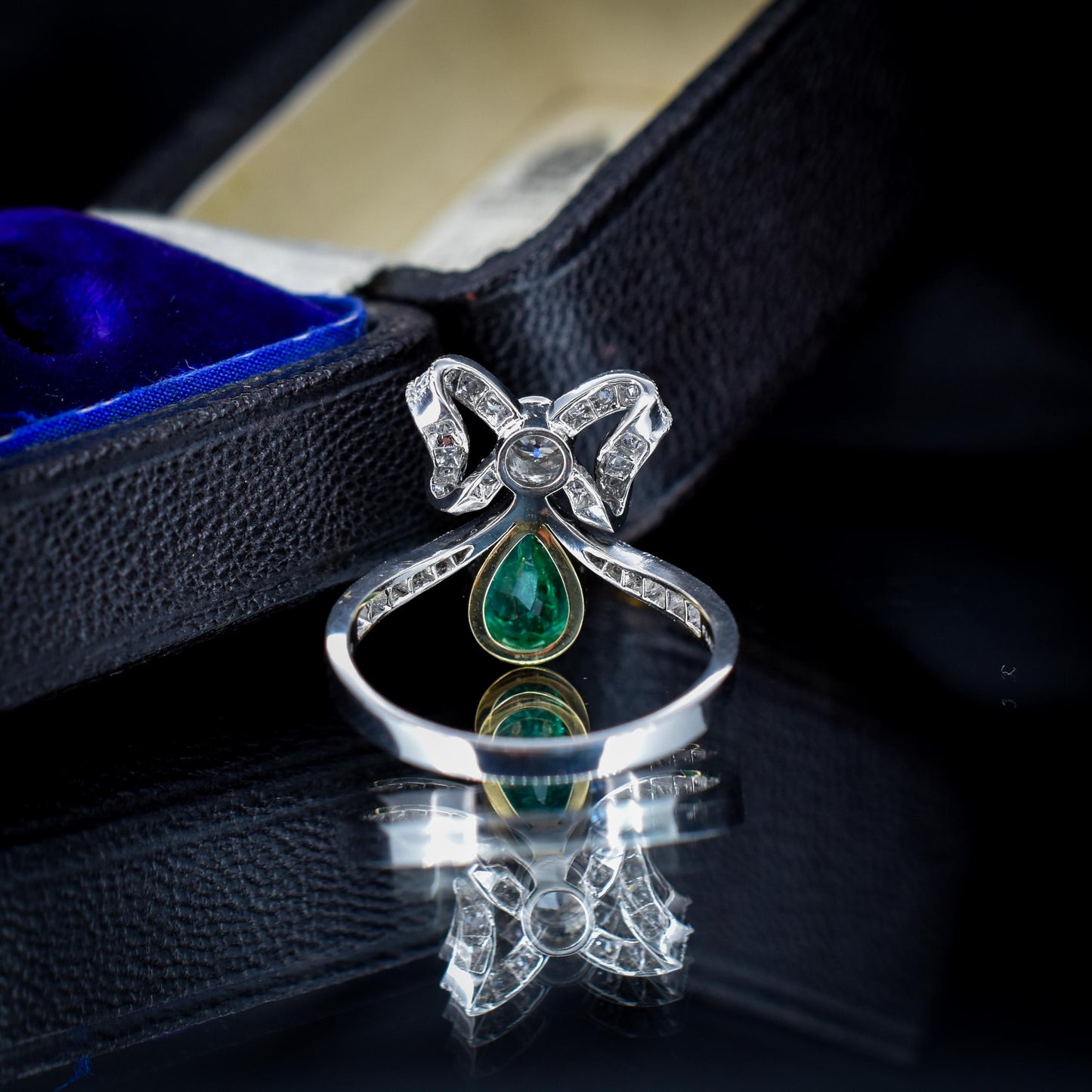 Pear Cut Emerald and Diamond Bow Platinum Tiara Ring | Engagement | Belle Epoque Style