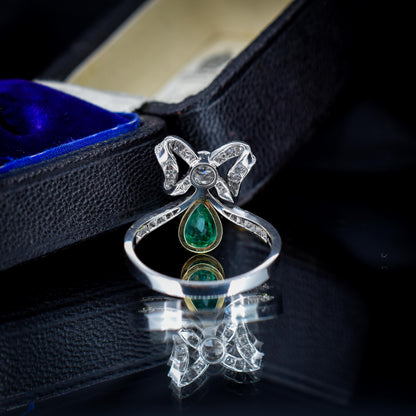 Pear Cut Emerald and Diamond Bow Platinum Tiara Ring | Engagement | Belle Epoque Style