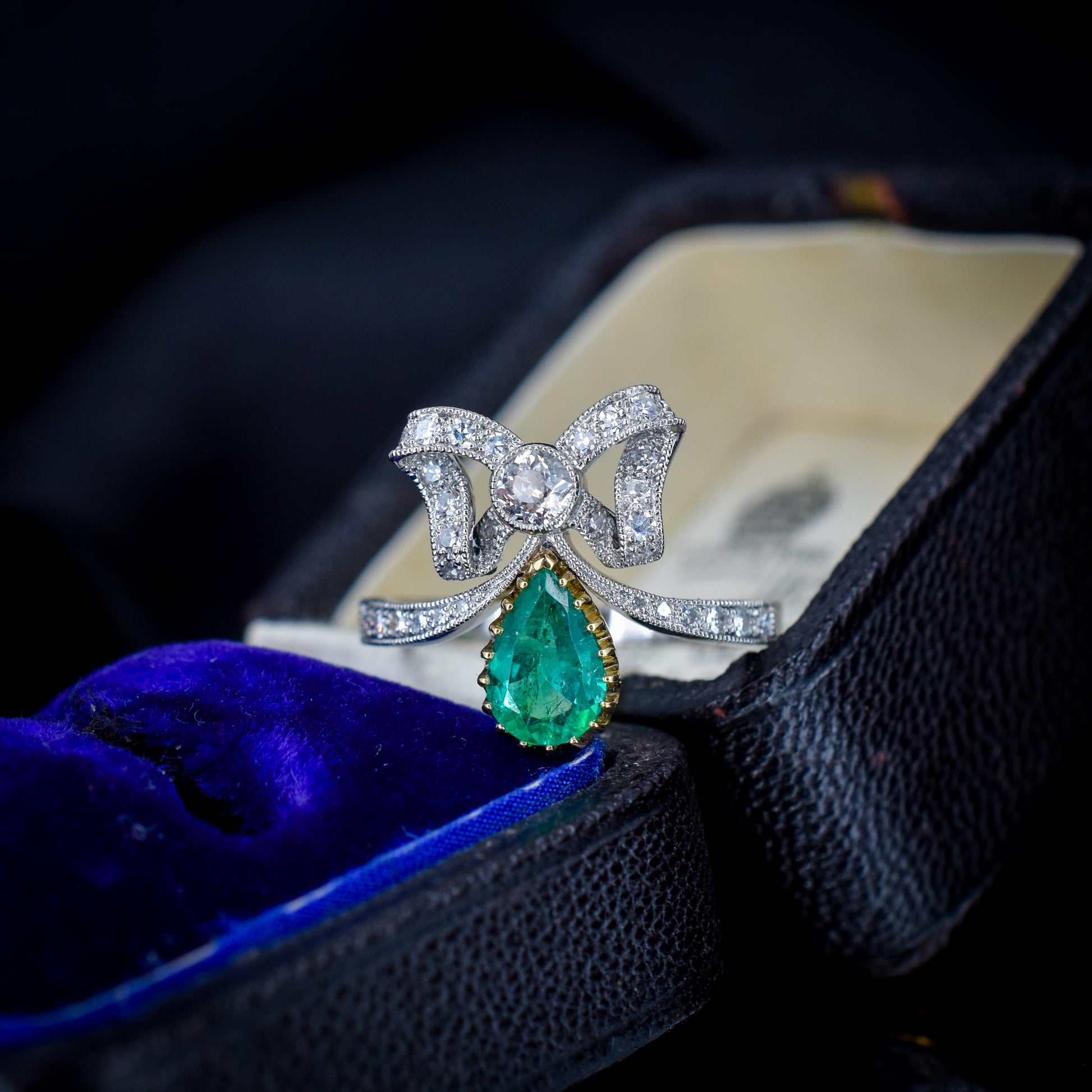 Pear Cut Emerald and Diamond Bow Platinum Tiara Ring | Engagement | Belle Epoque Style