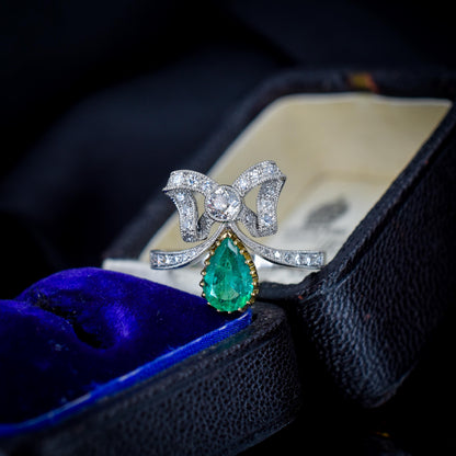 Pear Cut Emerald and Diamond Bow Platinum Tiara Ring | Engagement | Belle Epoque Style