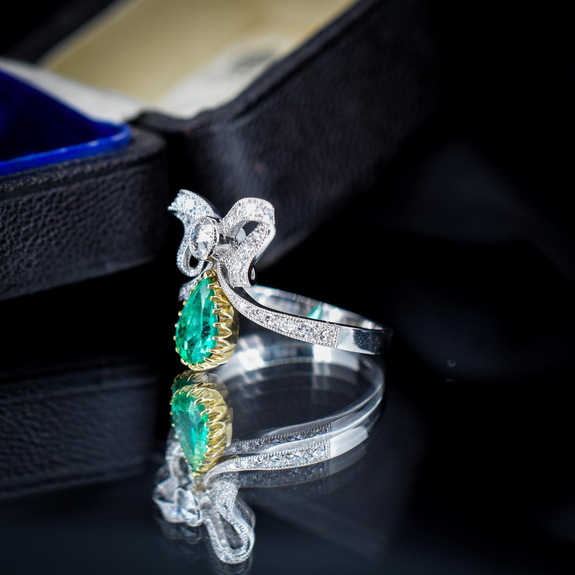 Pear Cut Emerald and Diamond Bow Platinum Tiara Ring | Engagement | Belle Epoque Style