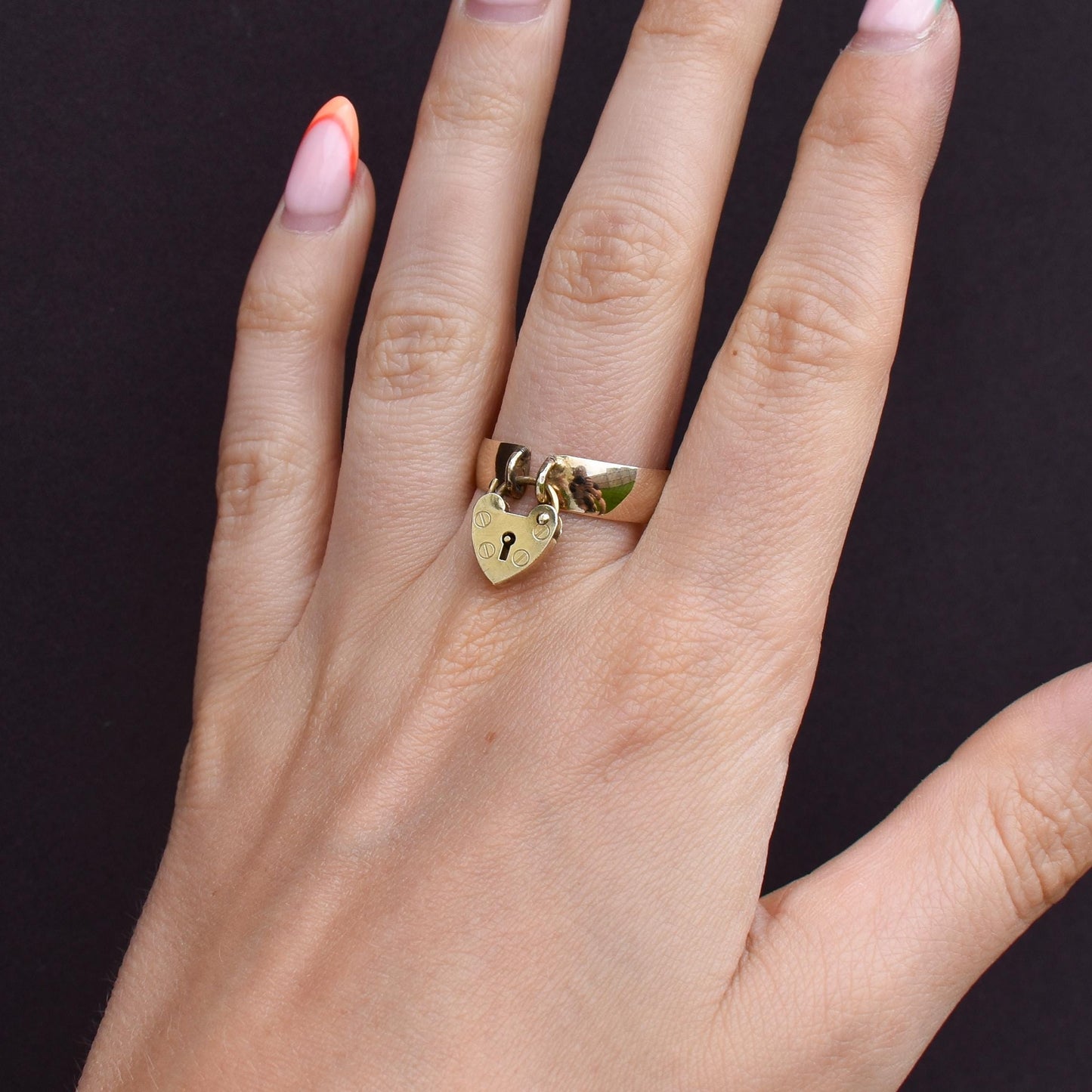 Antique Heart Padlock Drop 9ct Yellow Gold Band Ring | Birmingham 1913