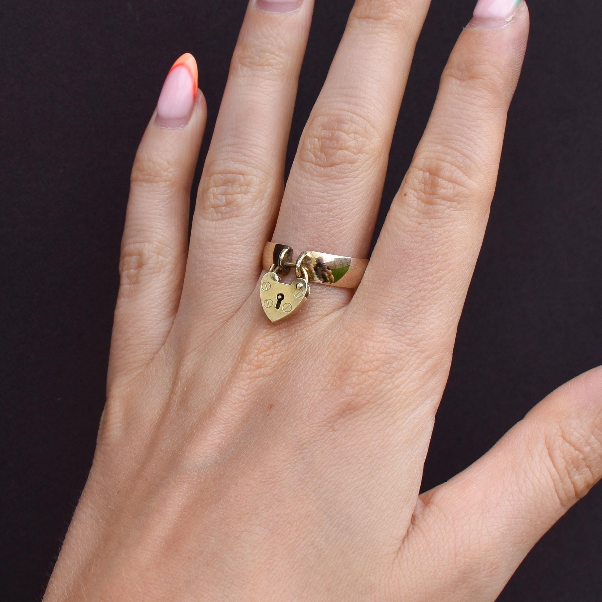 Antique Heart Padlock Drop 9ct Yellow Gold Band Ring | Birmingham 1913