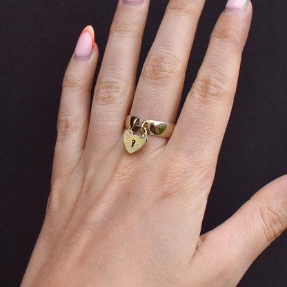 Antique Heart Padlock Drop 9ct Yellow Gold Band Ring | Birmingham 1913