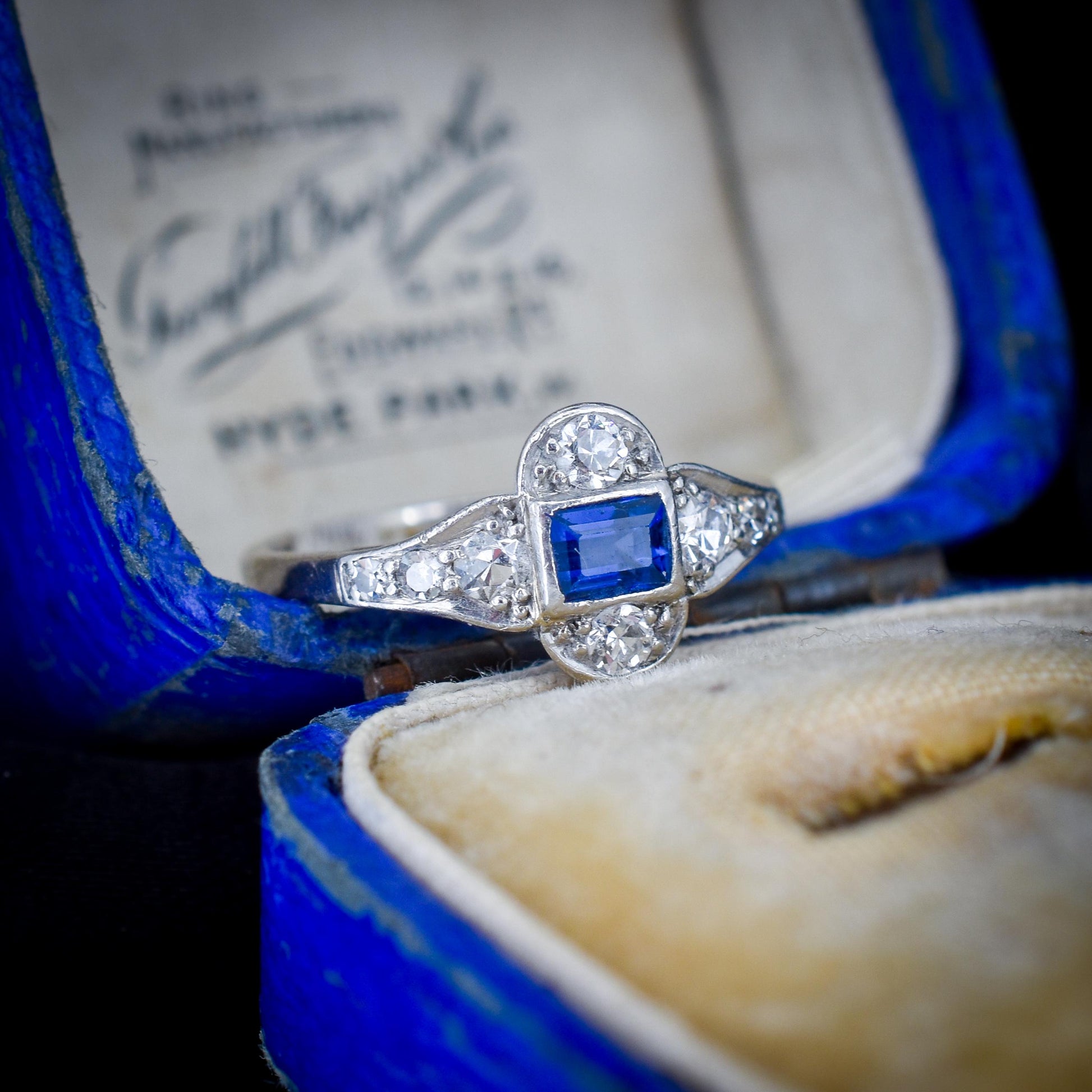 Art Deco Blue Sapphire and Diamond Platinum Ring