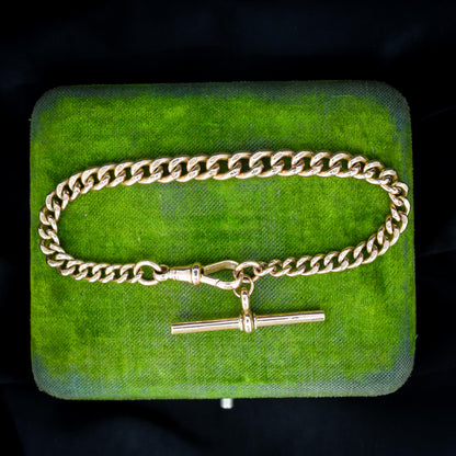 Antique Graduated Curb 9ct Gold Bracelet with Dog Clip and T-bar Drop | 8.25"