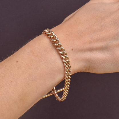 Antique Graduated Curb 9ct Gold Bracelet with Dog Clip and T-bar Drop | 8.25"