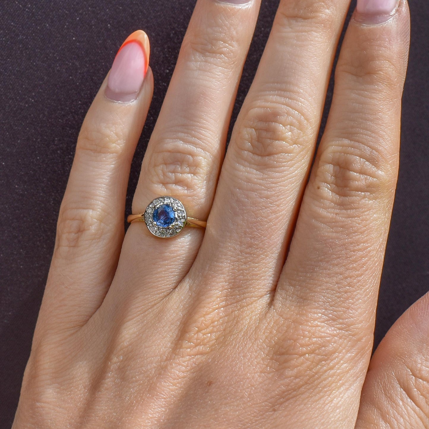 Vintage Blue Sapphire and Diamond Round Cluster Halo 18ct Gold Ring
