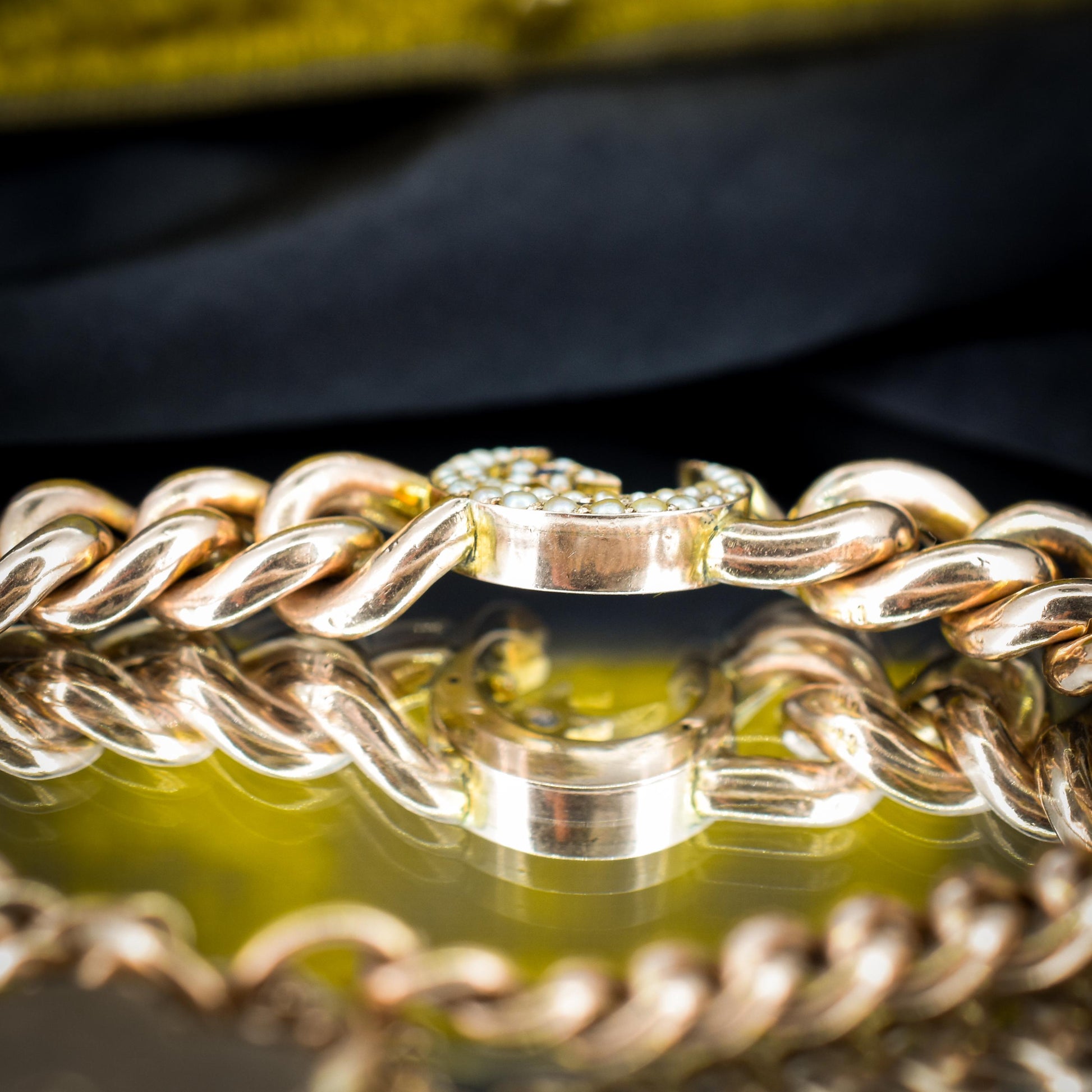 Antique 9ct Gold Curb Bracelet with Heart Padlock and Pearl Crescent | 7.5"