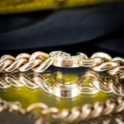 Antique 9ct Gold Curb Bracelet with Heart Padlock and Pearl Crescent | 7.5"