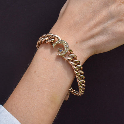 Antique 9ct Gold Curb Bracelet with Heart Padlock and Pearl Crescent | 7.5"