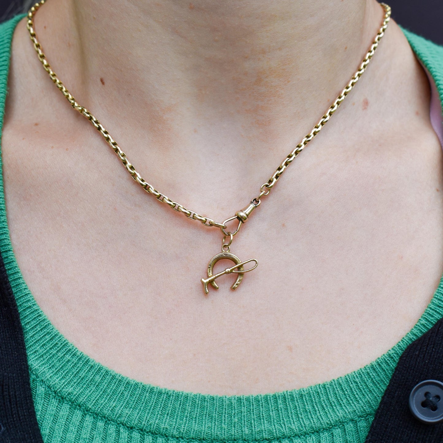 Antique 9ct Gold Lucky Horseshoe and Riding Crop Charm Pendant