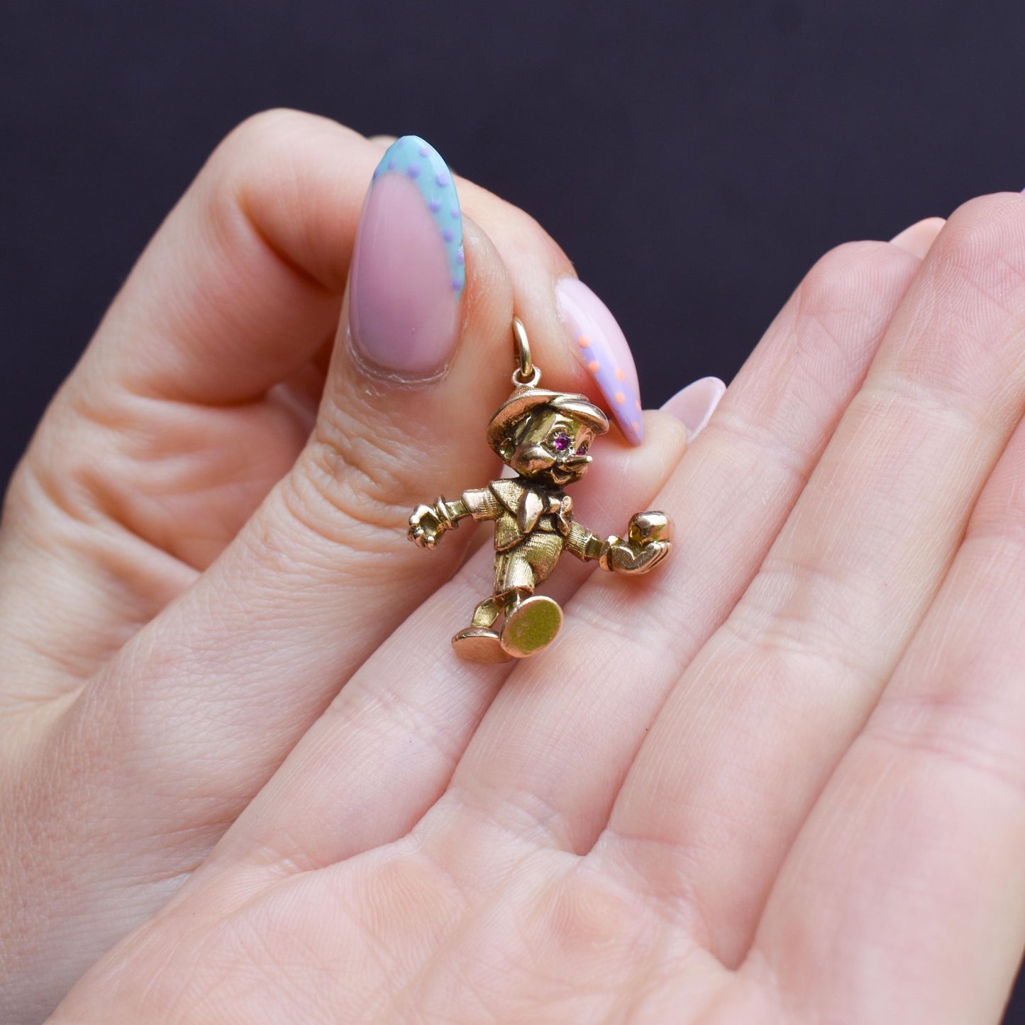 Vintage 9ct Solid Gold Disney Pinocchio with Ruby Eyes Charm Pendant