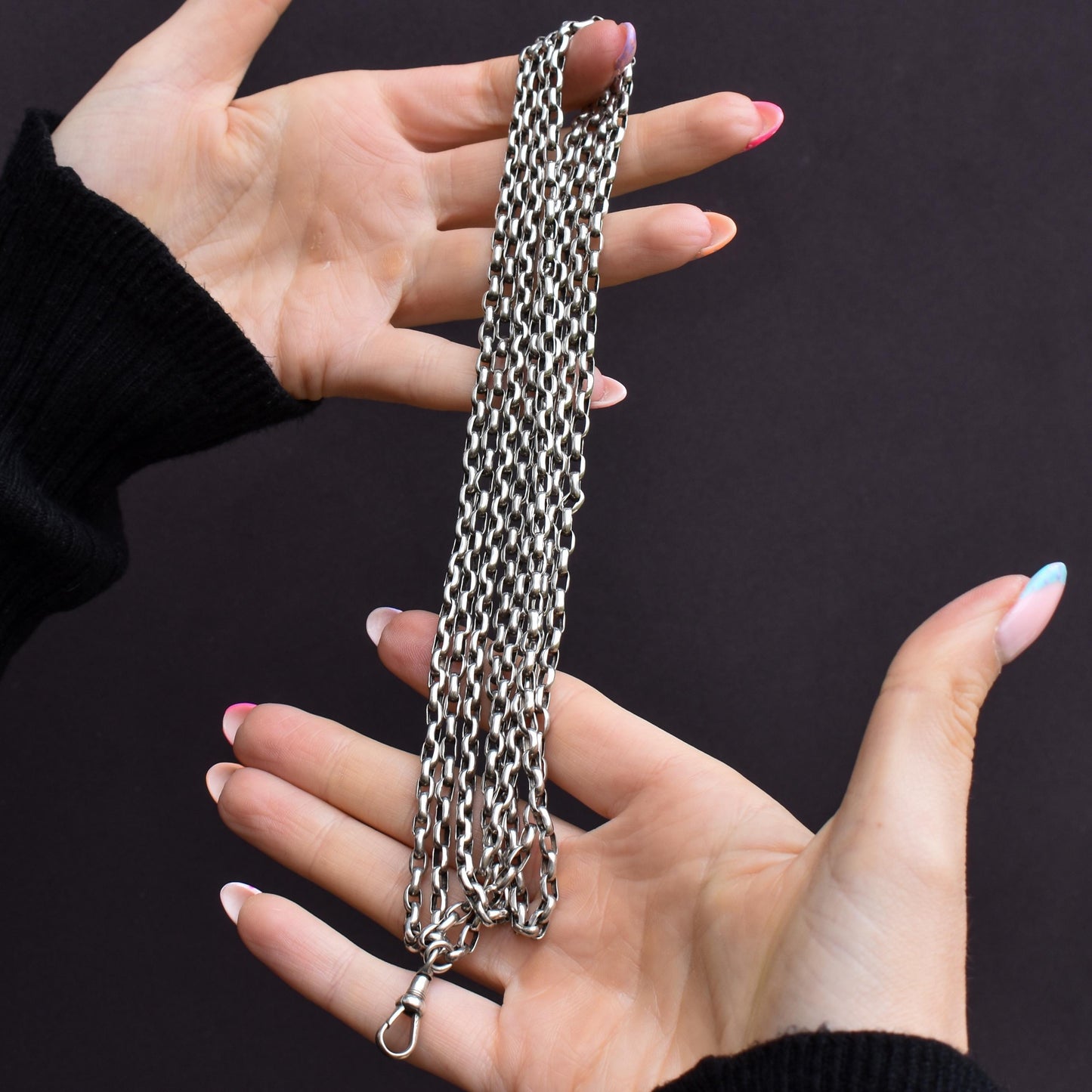 Antique Silver Long Guard Chain Necklace with Dog Clip | 65" Length