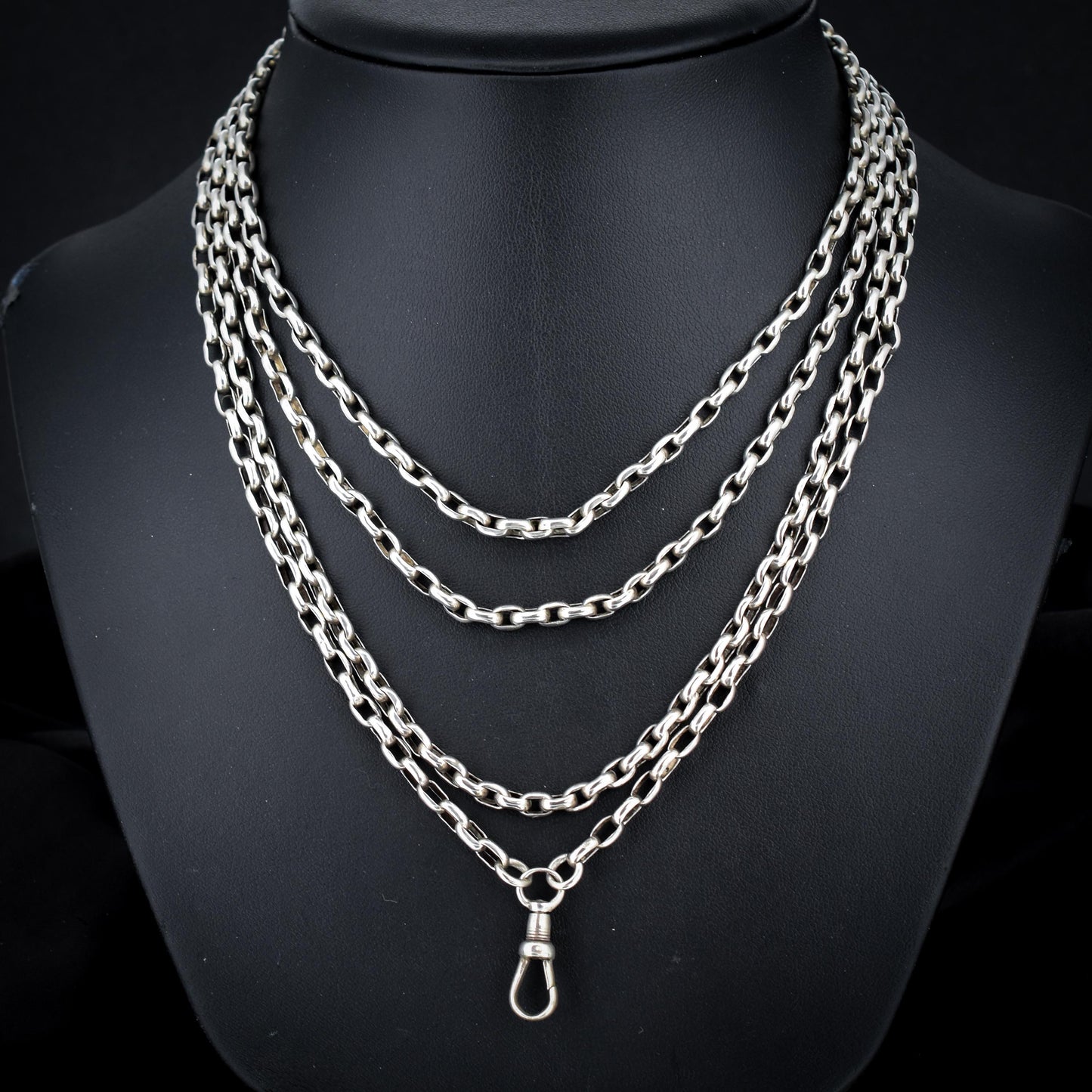 Antique Silver Long Guard Chain Necklace with Dog Clip | 65" Length