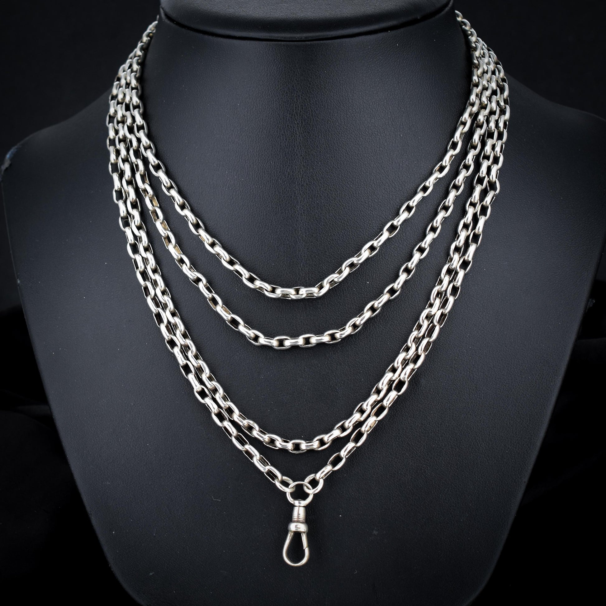 Antique Silver Long Guard Chain Necklace with Dog Clip | 65" Length