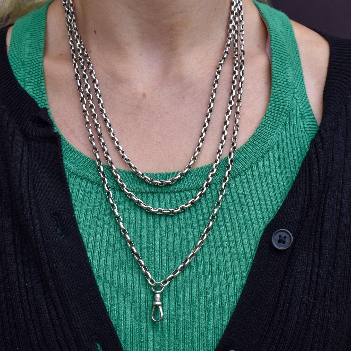 Antique Silver Long Guard Chain Necklace with Dog Clip | 65" Length