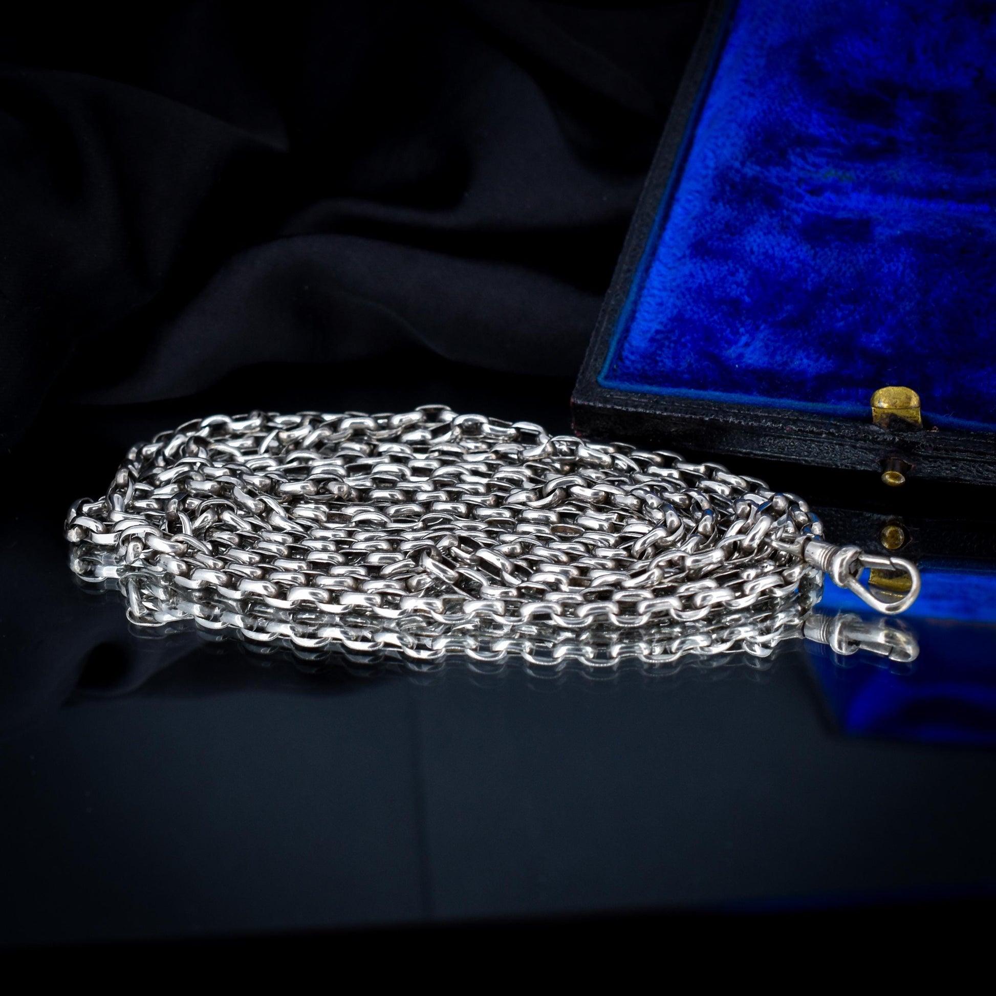 Antique Silver Long Guard Chain Necklace with Dog Clip | 65" Length