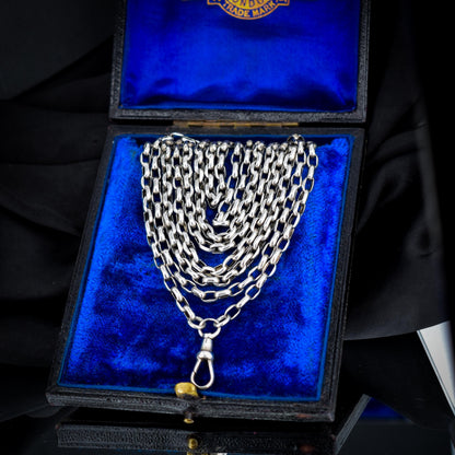 Antique Silver Long Guard Chain Necklace with Dog Clip | 65" Length