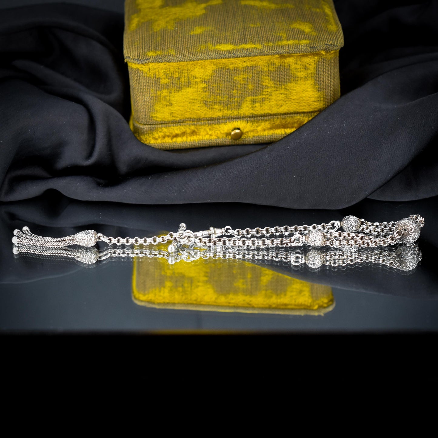 Antique Silver Albertina Albert Watch Chain Bracelet with Heart Tassel | Edwardian