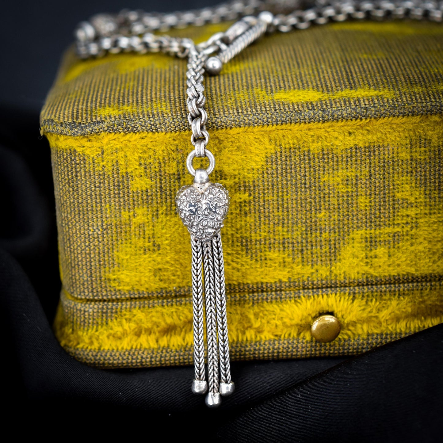 Antique Silver Albertina Albert Watch Chain Bracelet with Heart Tassel | Edwardian