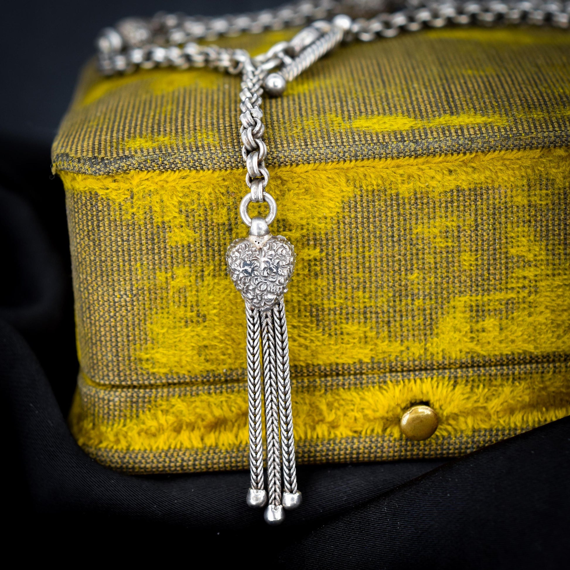 Antique Silver Albertina Albert Watch Chain Bracelet with Heart Tassel | Edwardian